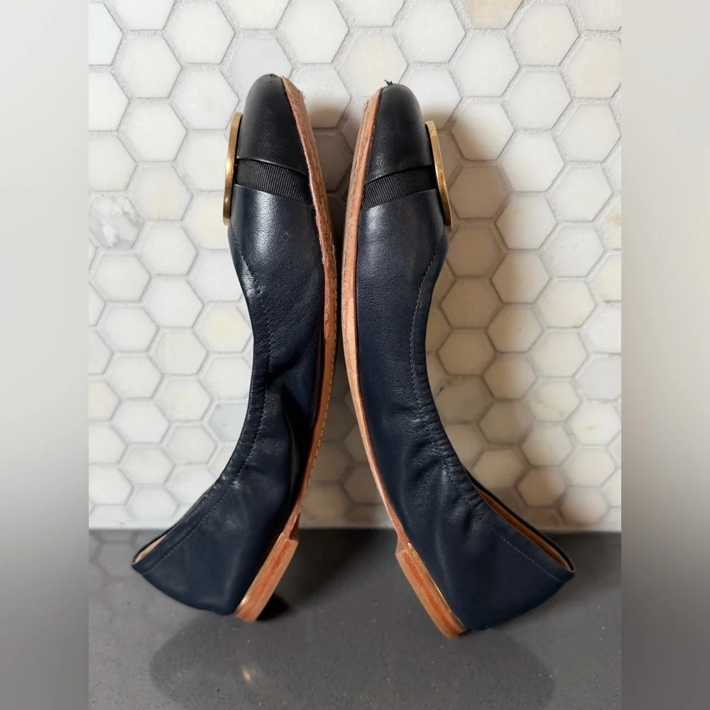 Tory Burch Minnie Cap Toe Travel Ballet Flats in Navy & Black Sz 7.5 EUC